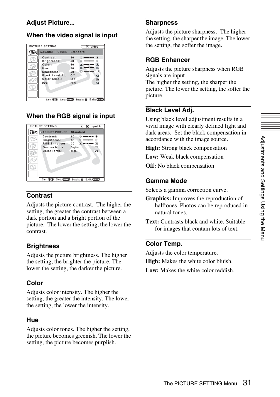 Brightness, Color, Sharpness | Rgb enhancer, Black level adj, Gamma mode, Color temp | Sony FX52L User Manual | Page 31 / 57