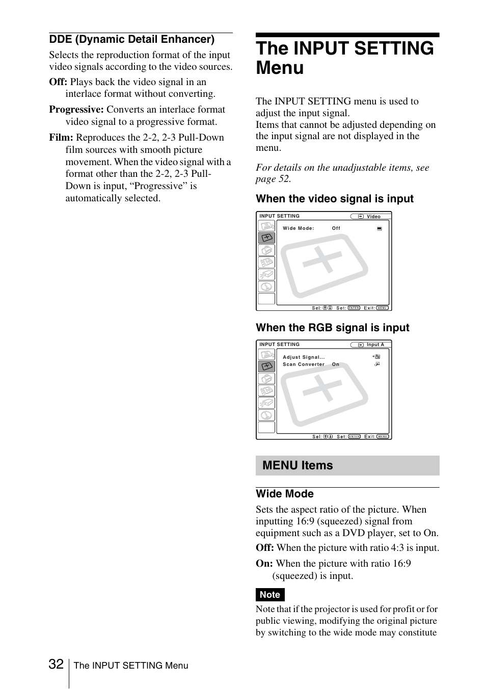 The input setting menu, Menu items, Dde (dynamic detail enhancer) | Sony FX52L User Manual | Page 32 / 57