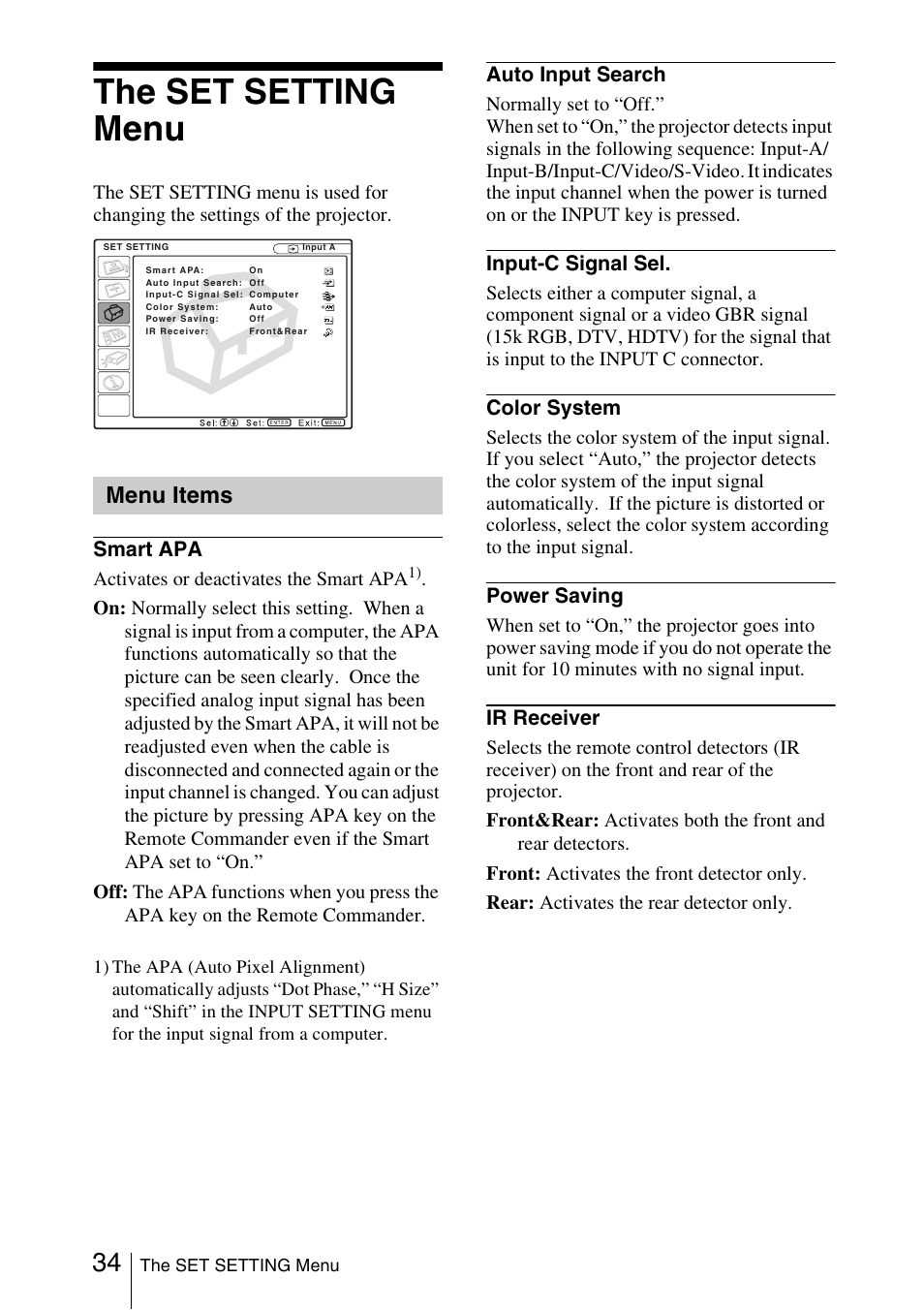 The set setting menu, Menu items | Sony FX52L User Manual | Page 34 / 57