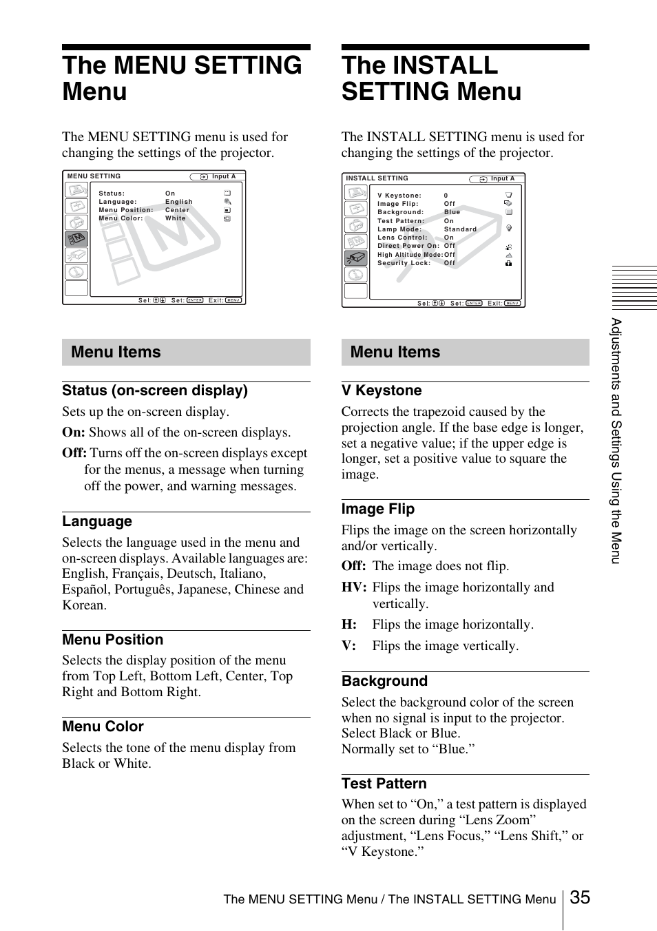 The menu setting menu, The install setting menu, Menu items | Status (on-screen display), Language, Menu position, Menu color, V keystone, Image flip, Background | Sony FX52L User Manual | Page 35 / 57