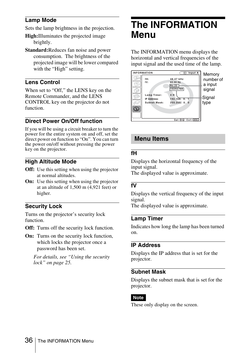 The information menu, Menu items, Lamp mode | Lens control, Direct power on/off function, High altitude mode, Security lock, Lamp timer, Ip address, Subnet mask | Sony FX52L User Manual | Page 36 / 57