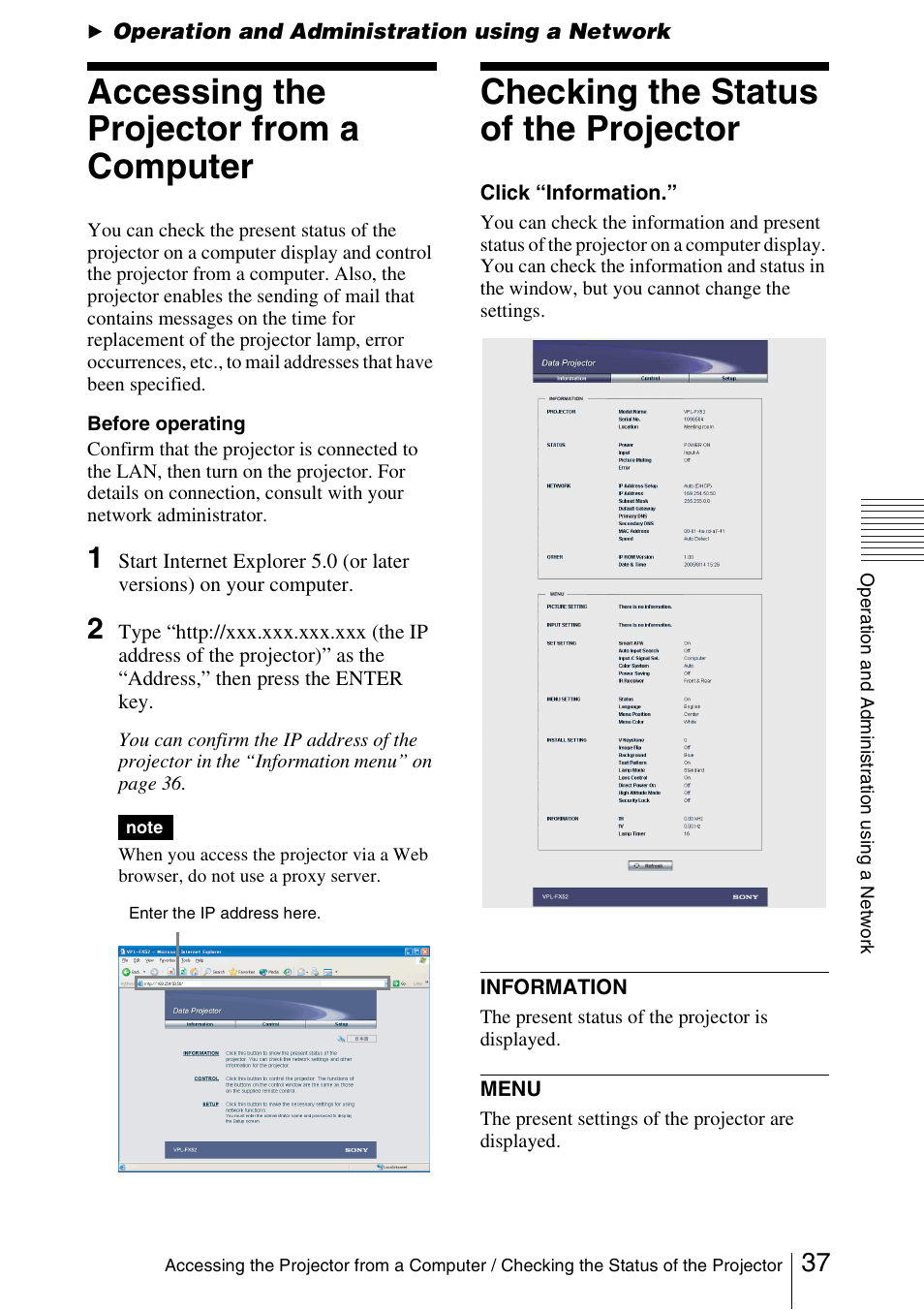 Operation and administration using a network, Accessing the projector from a computer, Checking the status of the projector | Checking the status of the projector 37 | Sony FX52L User Manual | Page 37 / 57