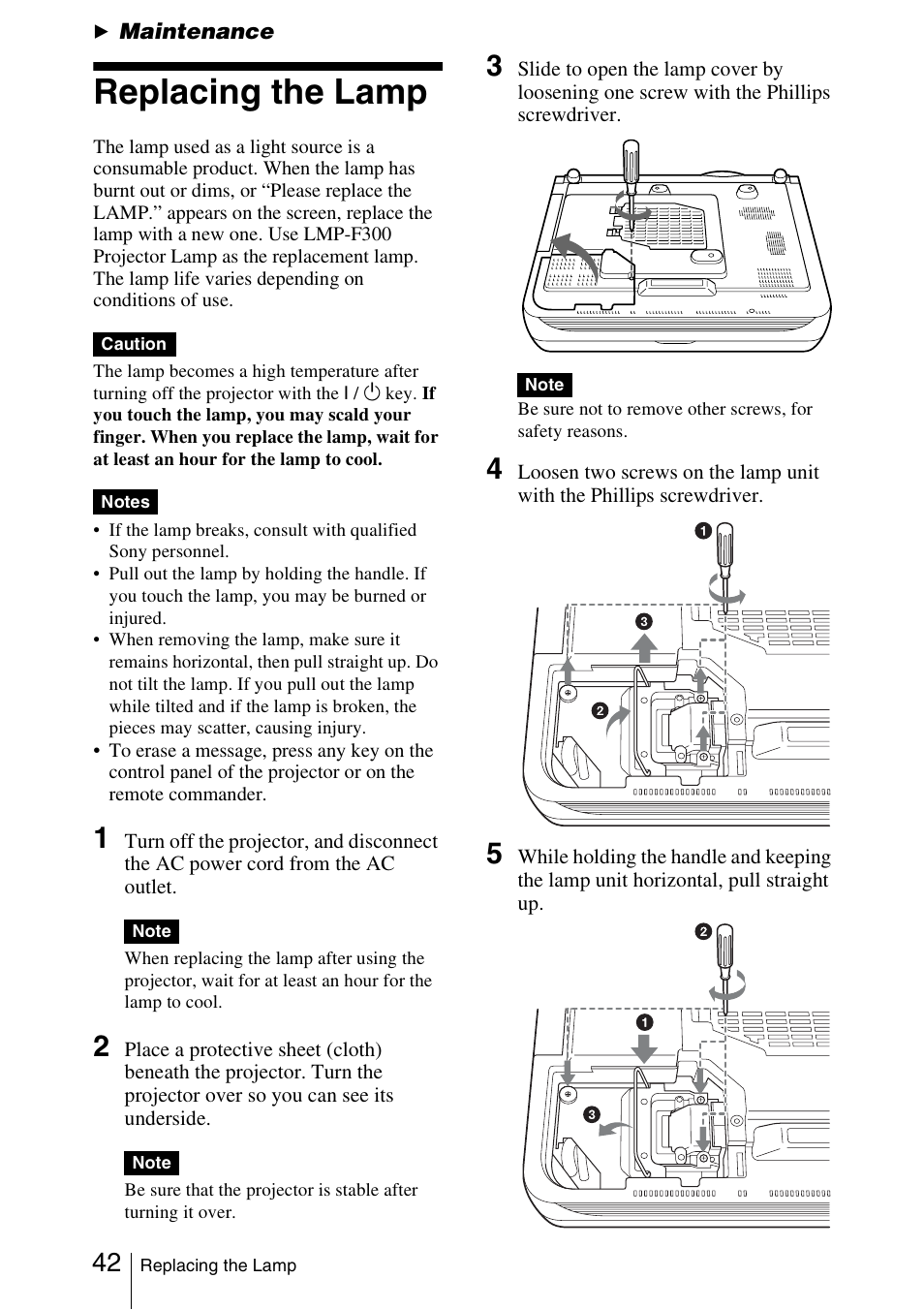 Maintenance, Replacing the lamp | Sony FX52L User Manual | Page 42 / 57