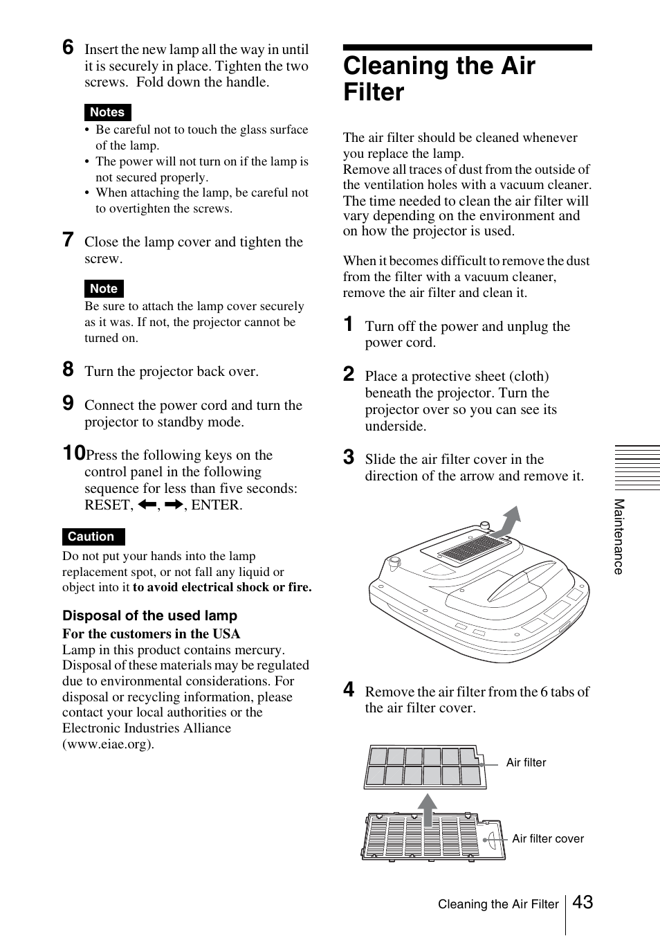 Cleaning the air filter | Sony FX52L User Manual | Page 43 / 57