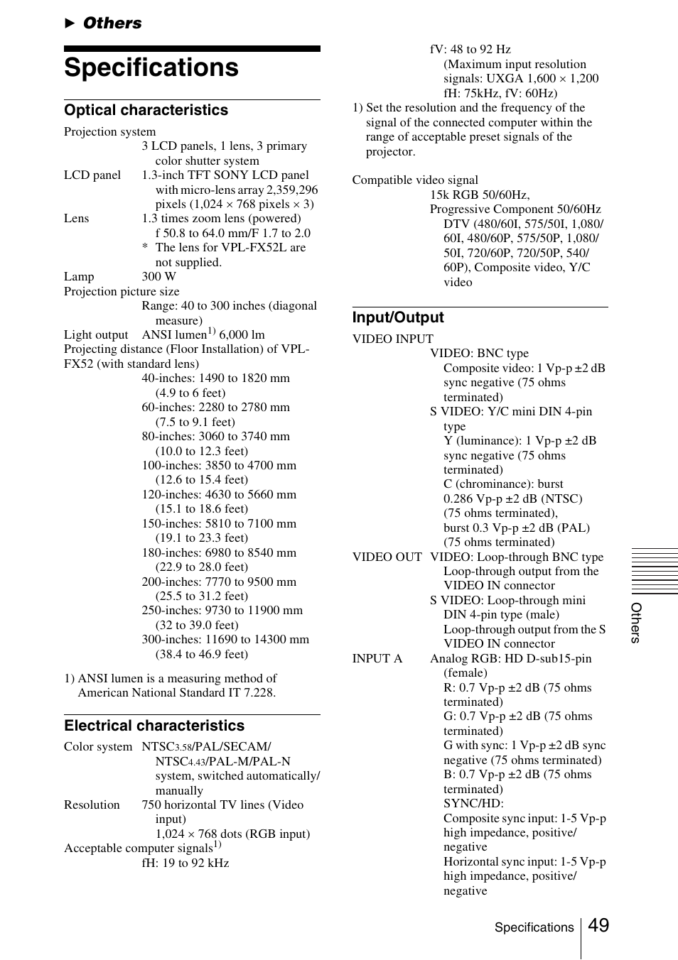 Others, Specifications, Optical characteristics | Electrical characteristics, Input/output | Sony FX52L User Manual | Page 49 / 57