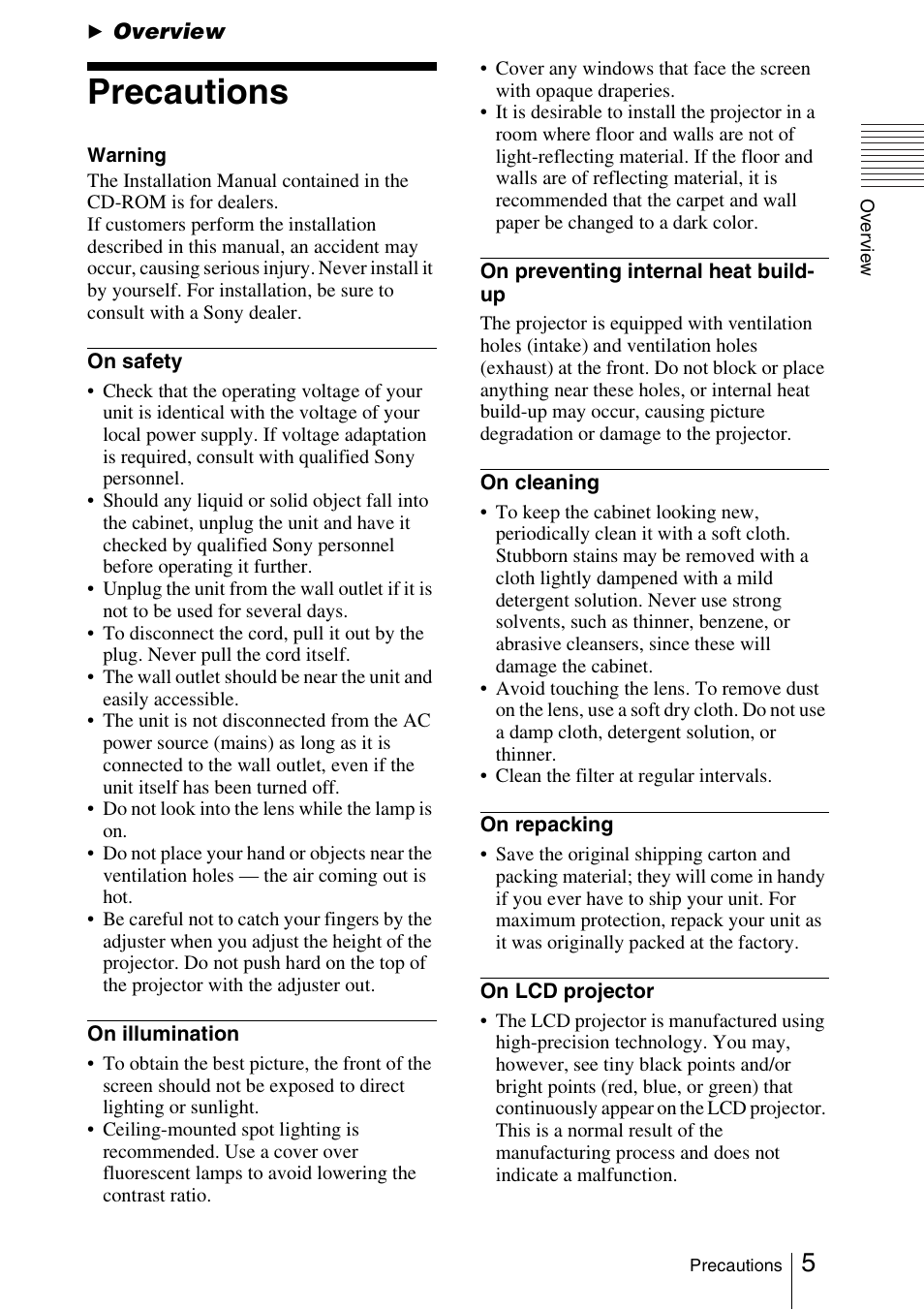 Overview, Precautions | Sony FX52L User Manual | Page 5 / 57