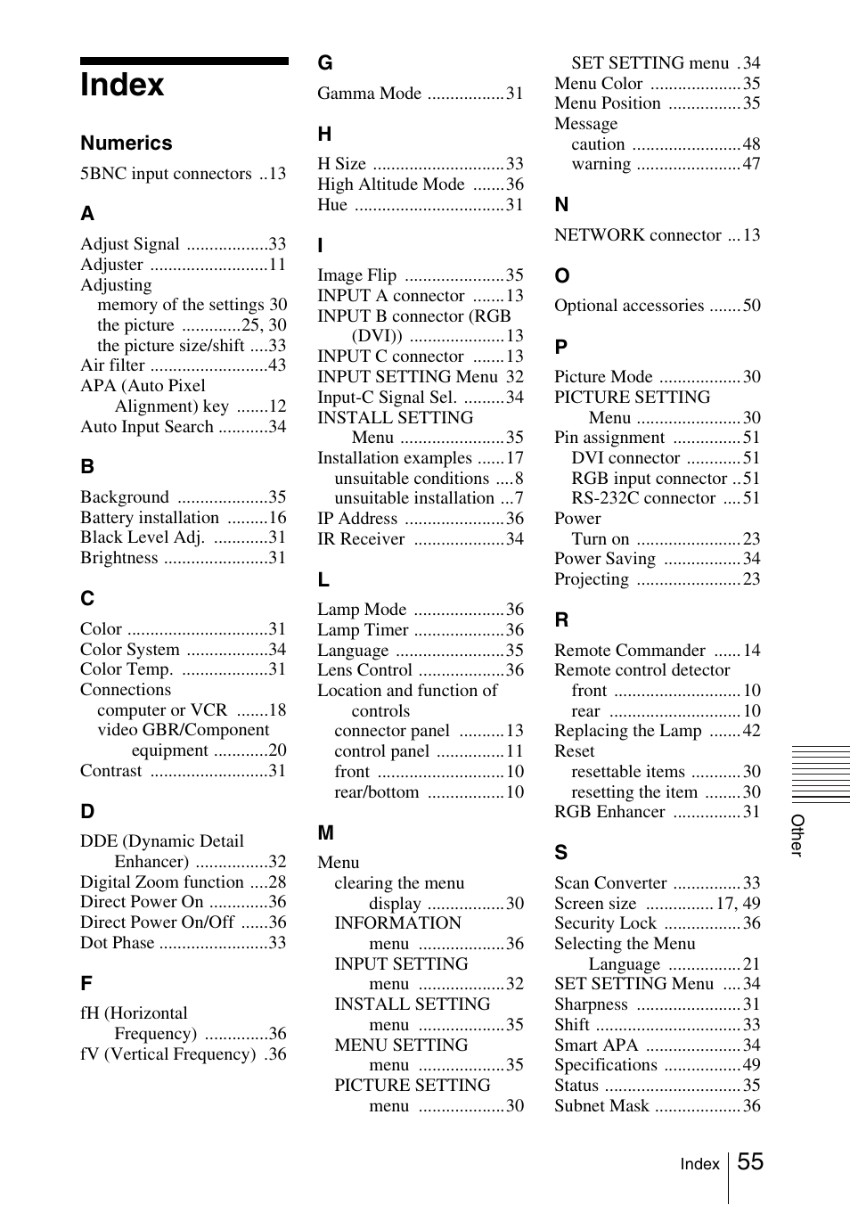 Index | Sony FX52L User Manual | Page 55 / 57