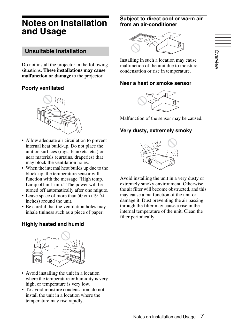 Notes on installation and usage, Unsuitable installation | Sony FX52L User Manual | Page 7 / 57