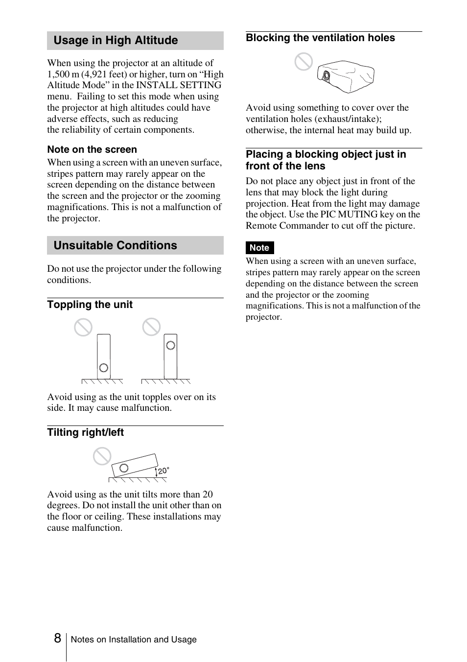 Usage in high altitude, Unsuitable conditions | Sony FX52L User Manual | Page 8 / 57