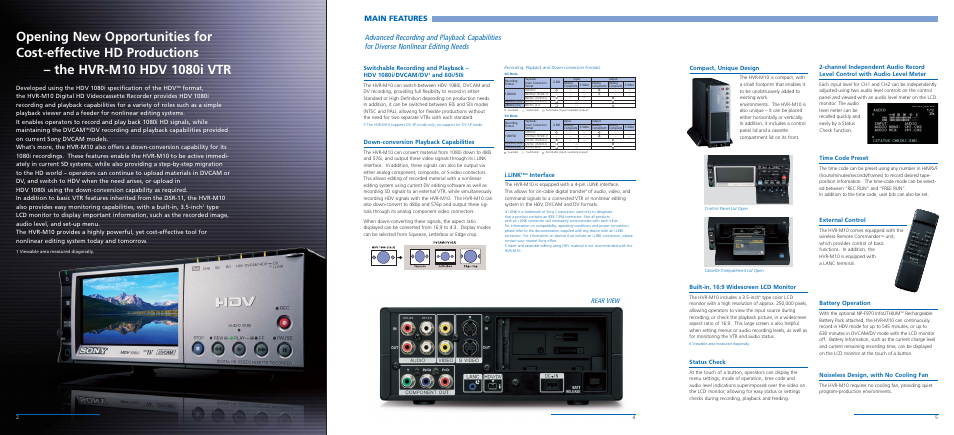 Main features, Rear view, And 60i/50i | Compact, unique design, Down-conversion playback capabilities, I.link, Interface, Built-in, 16:9 widescreen lcd monitor, Status check, Time code preset | Sony HVR-M10P User Manual | Page 2 / 6