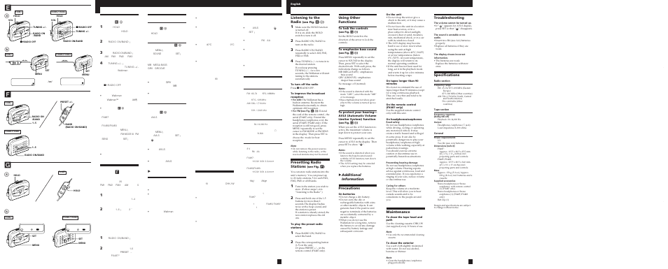 Listening to the radio, Presetting radio stations, Troubleshooting | Specifications, Maintenance, Using other functions, Zadditional information precautions | Sony WM-FX483 User Manual | Page 2 / 2