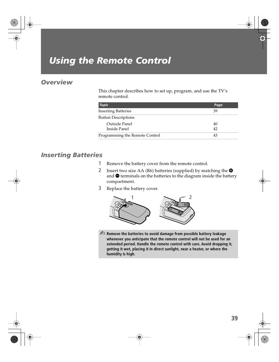 Using the remote control, Overview, Inserting batteries | Overview inserting batteries | Sony KV-30HS510 User Manual | Page 40 / 94