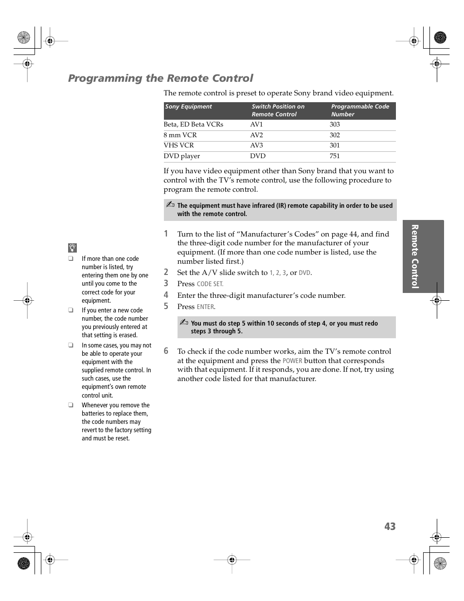 Programming the remote control | Sony KV-30HS510 User Manual | Page 44 / 94