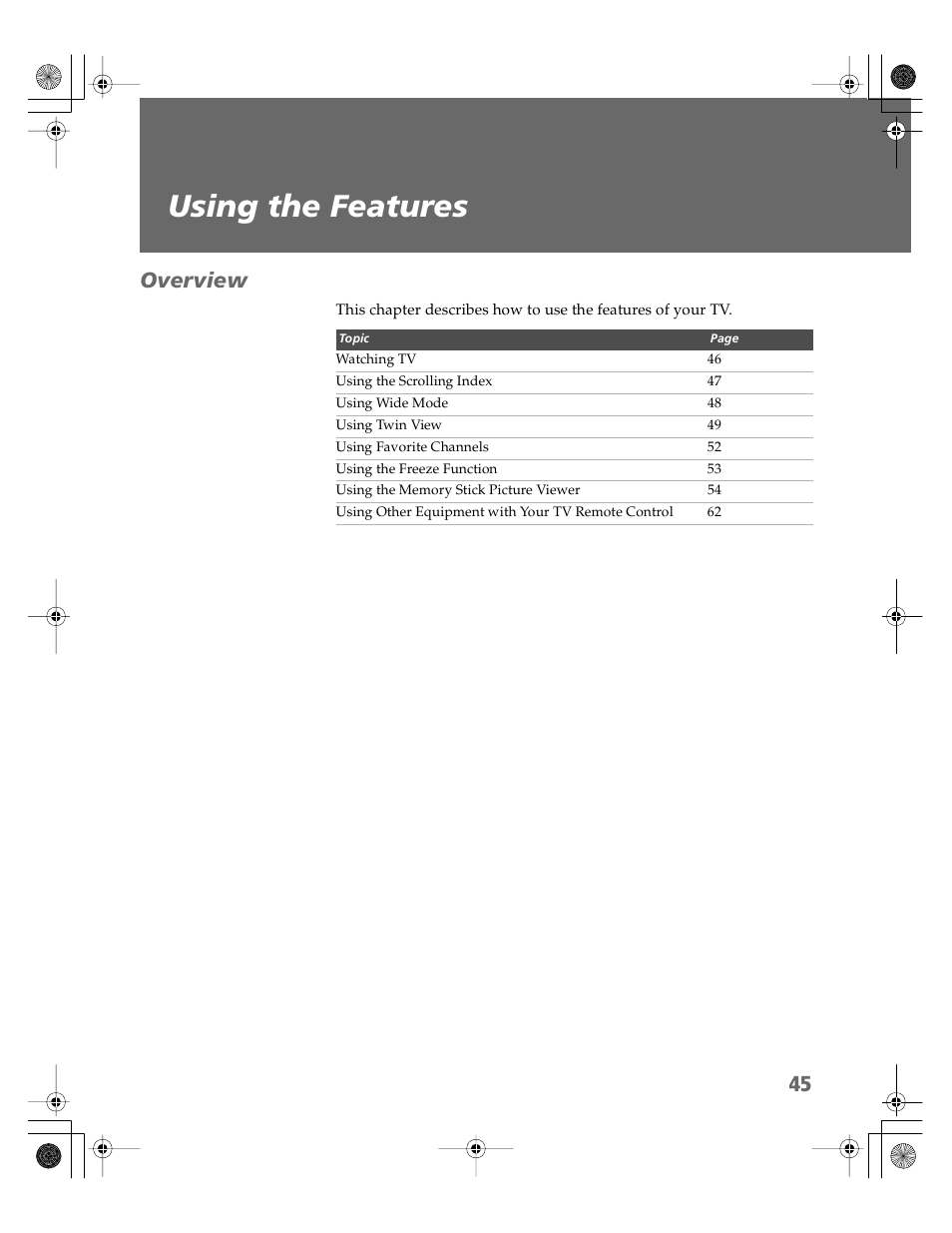 Using the features, Overview | Sony KV-30HS510 User Manual | Page 46 / 94