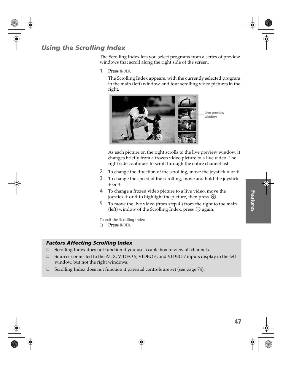 Using the scrolling index, Factors affecting scrolling index | Sony KV-30HS510 User Manual | Page 48 / 94