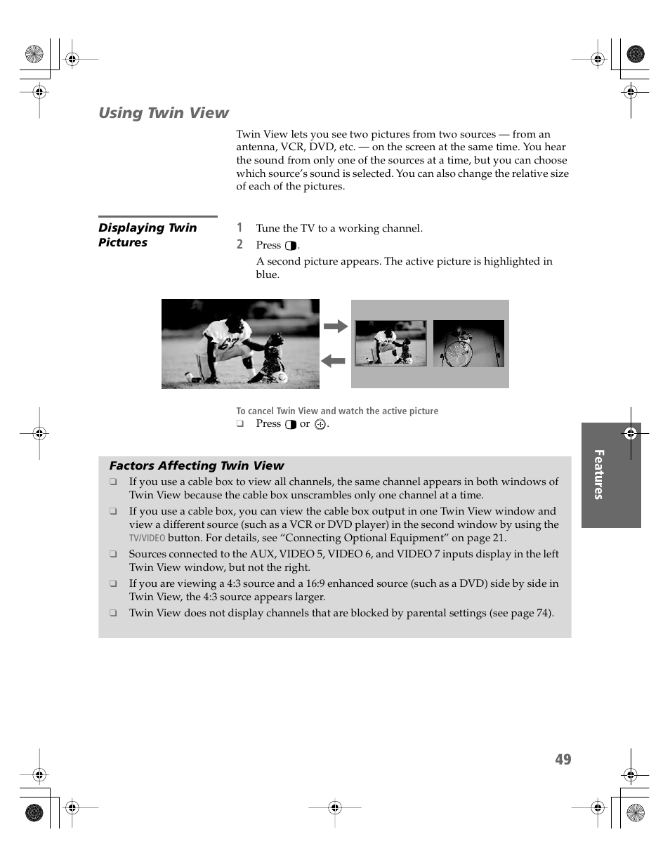 Using twin view, Displaying twin pictures, Factors affecting twin view | Sony KV-30HS510 User Manual | Page 50 / 94