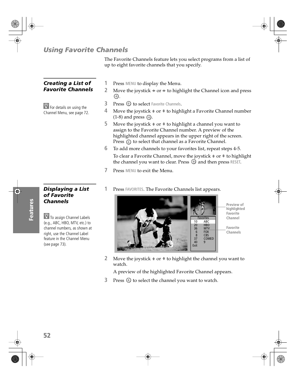 Using favorite channels, Creating a list of favorite channels, Displaying a list of favorite channels | Sony KV-30HS510 User Manual | Page 53 / 94