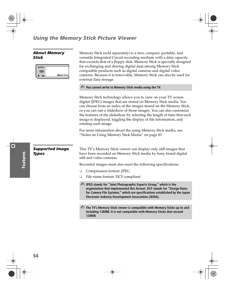 Using the memory stick picture viewer, About memory stick, Supported image types | Sony KV-30HS510 User Manual | Page 55 / 94