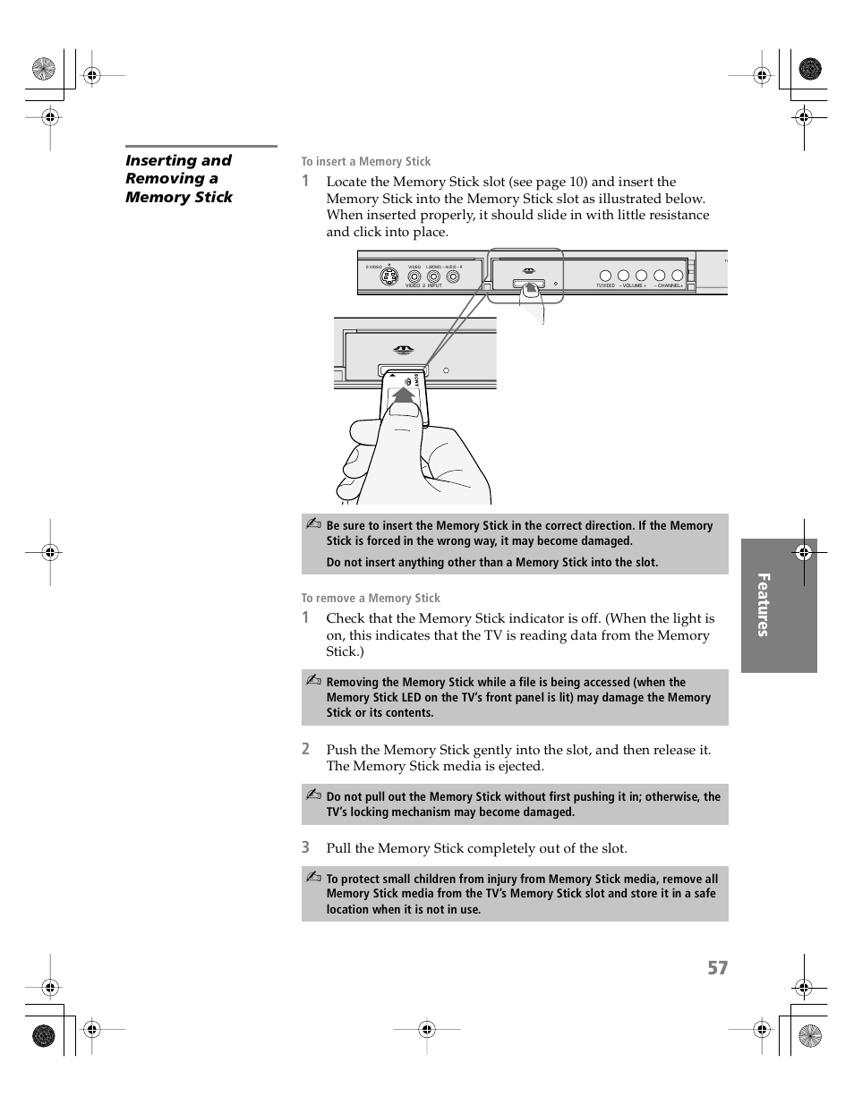 Inserting and removing a memory stick | Sony KV-30HS510 User Manual | Page 58 / 94