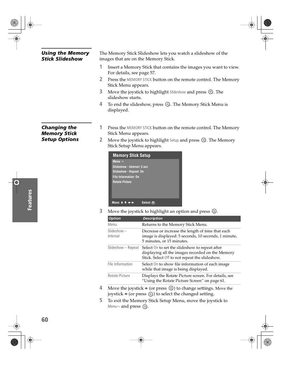 Using the memory stick slideshow, Changing the memory stick setup options | Sony KV-30HS510 User Manual | Page 61 / 94