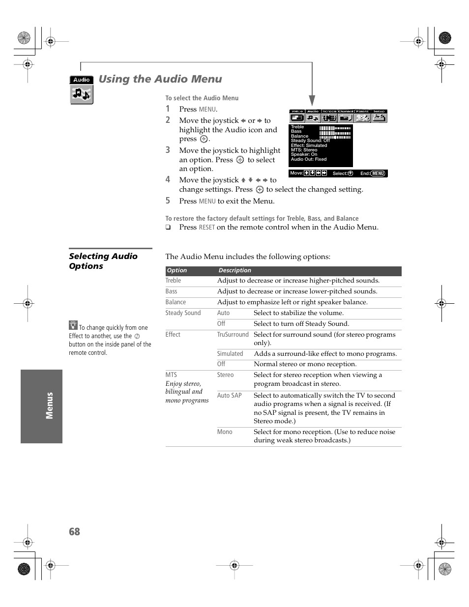 Using the audio menu, Selecting audio options | Sony KV-30HS510 User Manual | Page 69 / 94