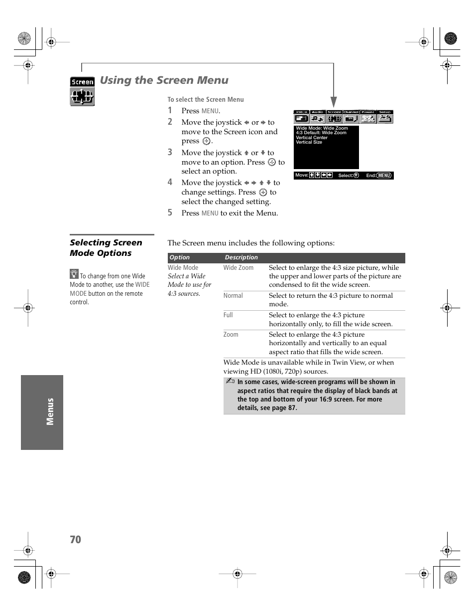 Using the screen menu, Selecting screen mode options | Sony KV-30HS510 User Manual | Page 71 / 94