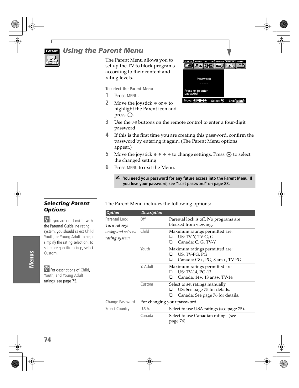 Using the parent menu, Selecting parent options | Sony KV-30HS510 User Manual | Page 75 / 94