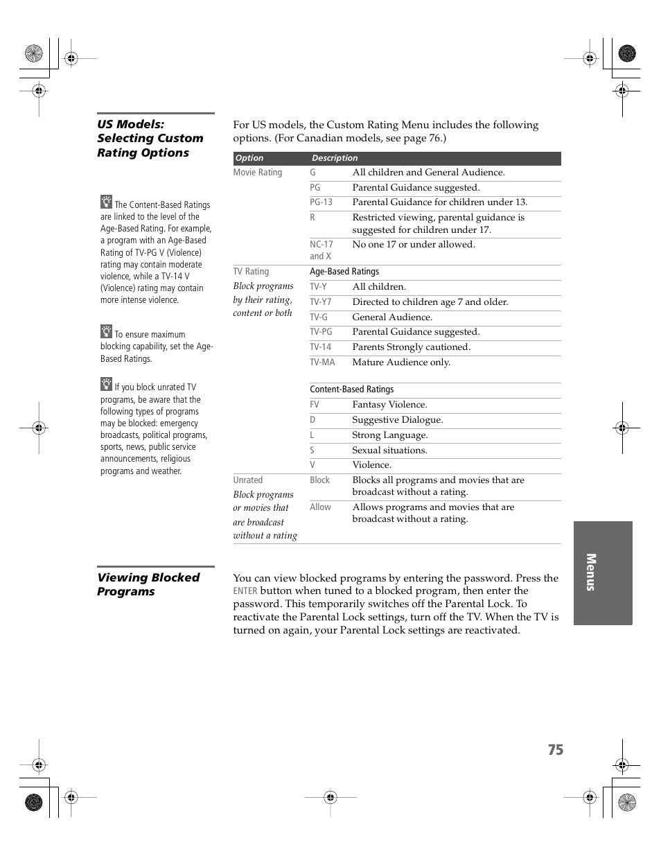 Us models: selecting custom rating options, Viewing blocked programs | Sony KV-30HS510 User Manual | Page 76 / 94