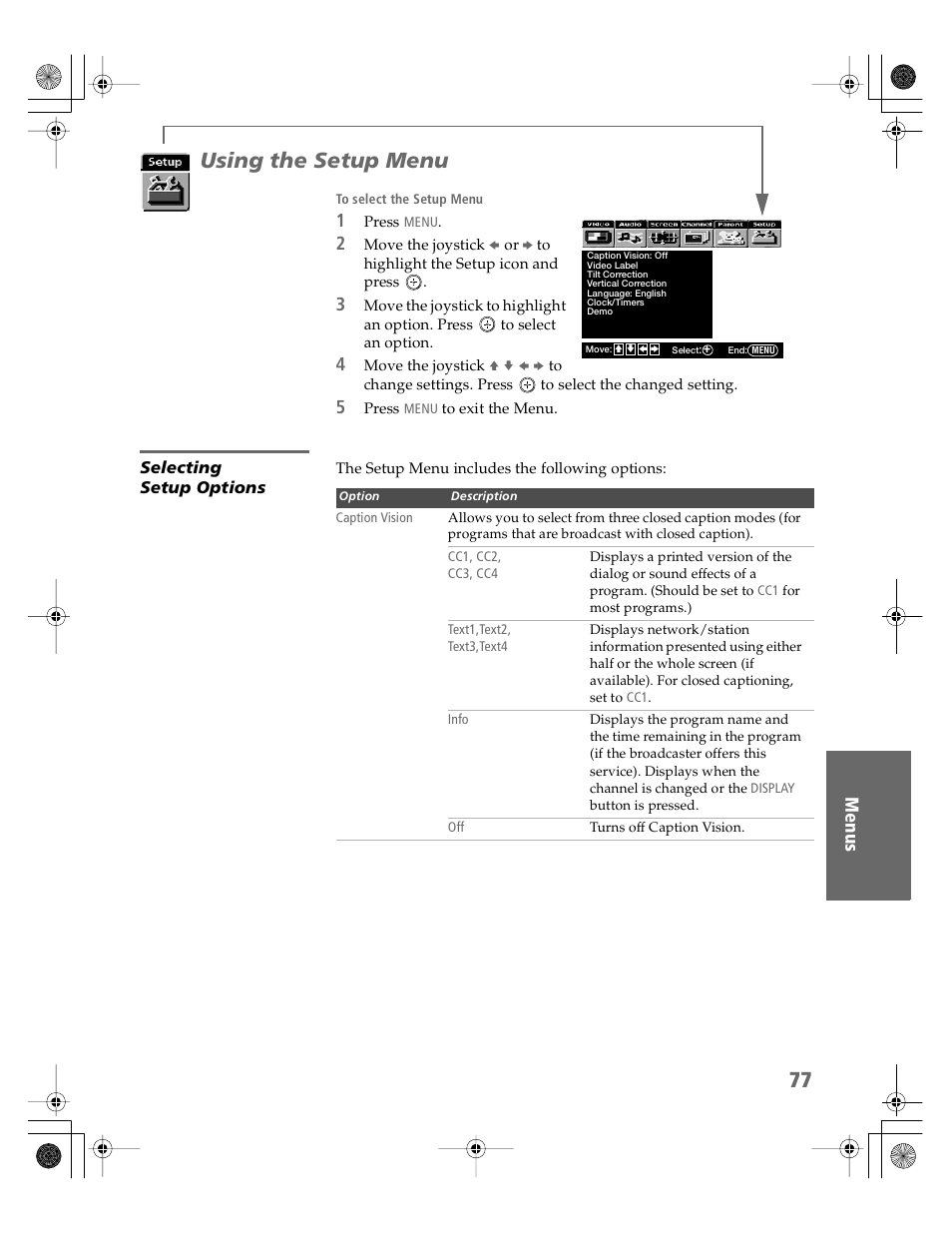 Using the setup menu, Selecting setup options | Sony KV-30HS510 User Manual | Page 78 / 94