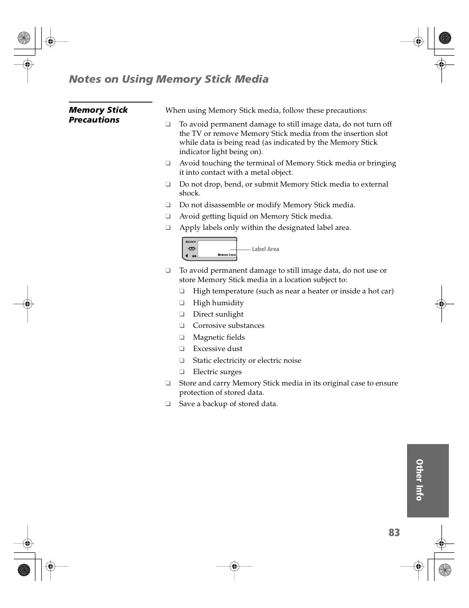 Notes on using memory stick media, Memory stick precautions | Sony KV-30HS510 User Manual | Page 84 / 94