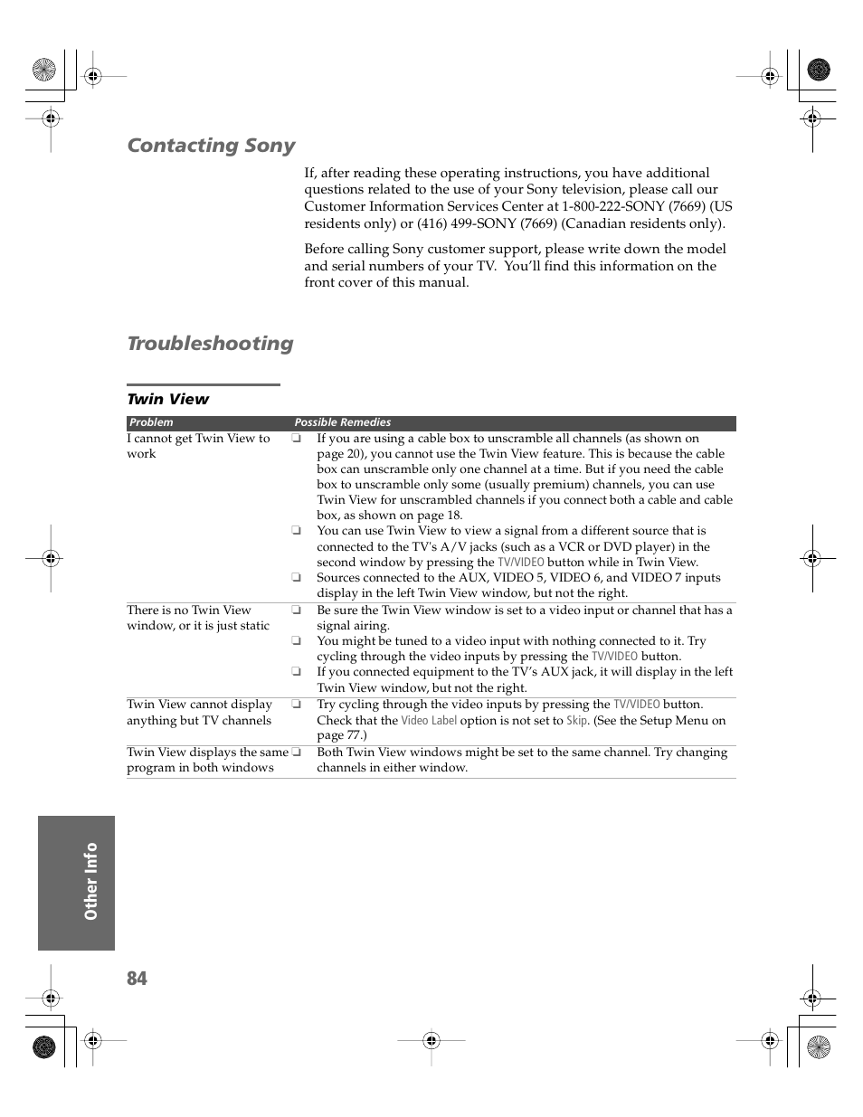 Contacting sony, Troubleshooting, Twin view | Contacting sony troubleshooting | Sony KV-30HS510 User Manual | Page 85 / 94