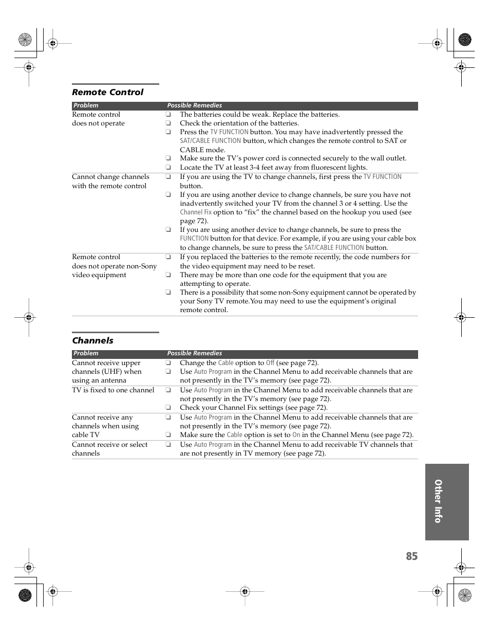 Remote control, Channels | Sony KV-30HS510 User Manual | Page 86 / 94