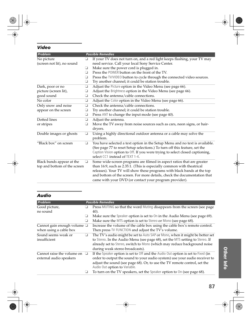 Video, Audio | Sony KV-30HS510 User Manual | Page 88 / 94