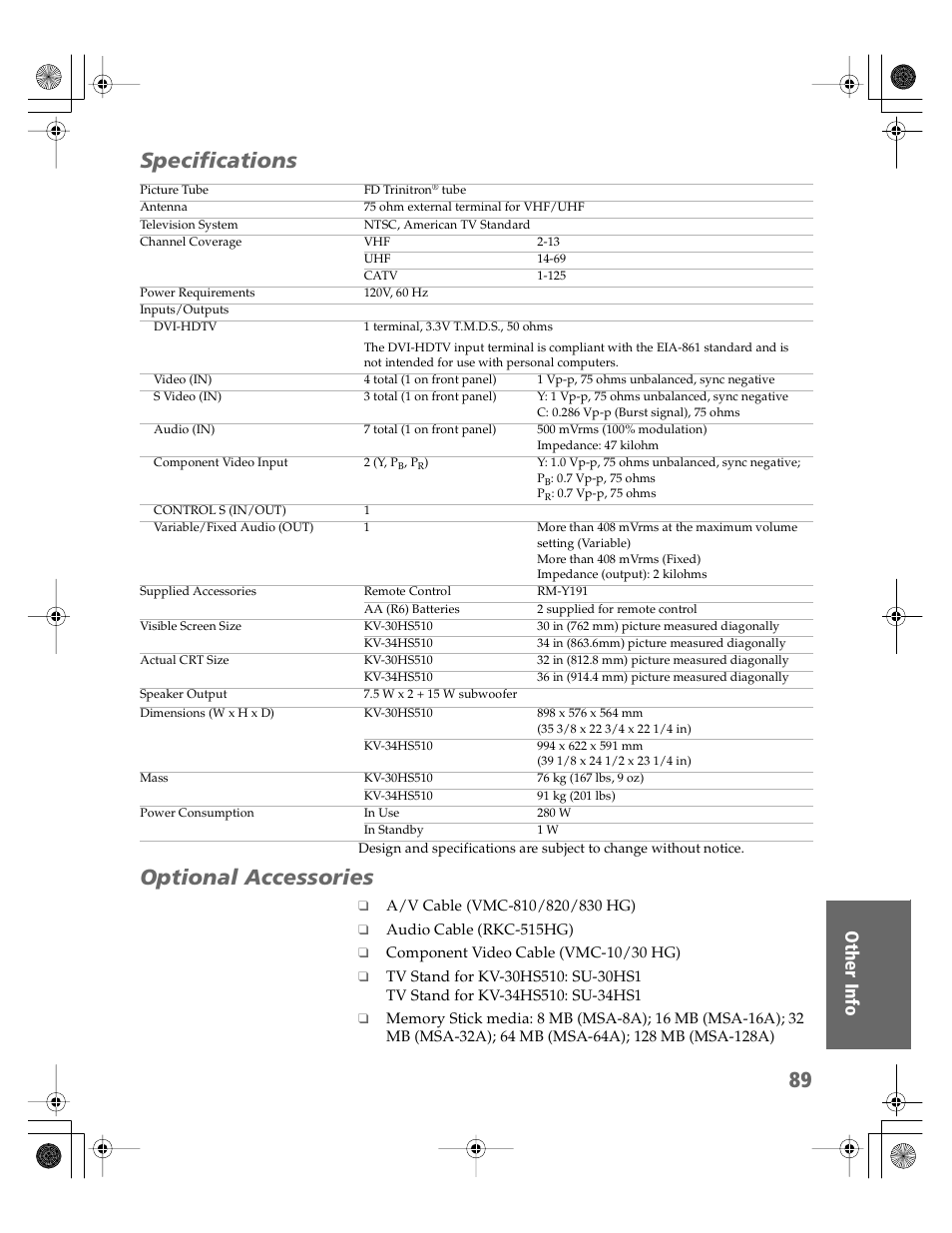 Specifications, Optional accessories, Specifications optional accessories | Sony KV-30HS510 User Manual | Page 90 / 94