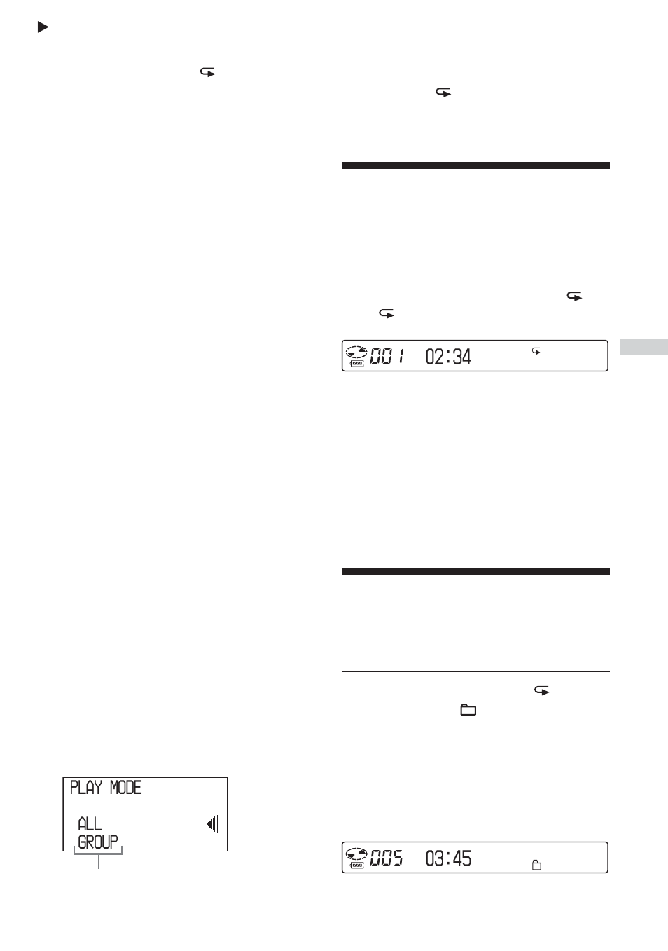 Playing tracks repeatedly, Playing all files in a selected group, Play mode all group | Sony D-NE900LS User Manual | Page 19 / 128