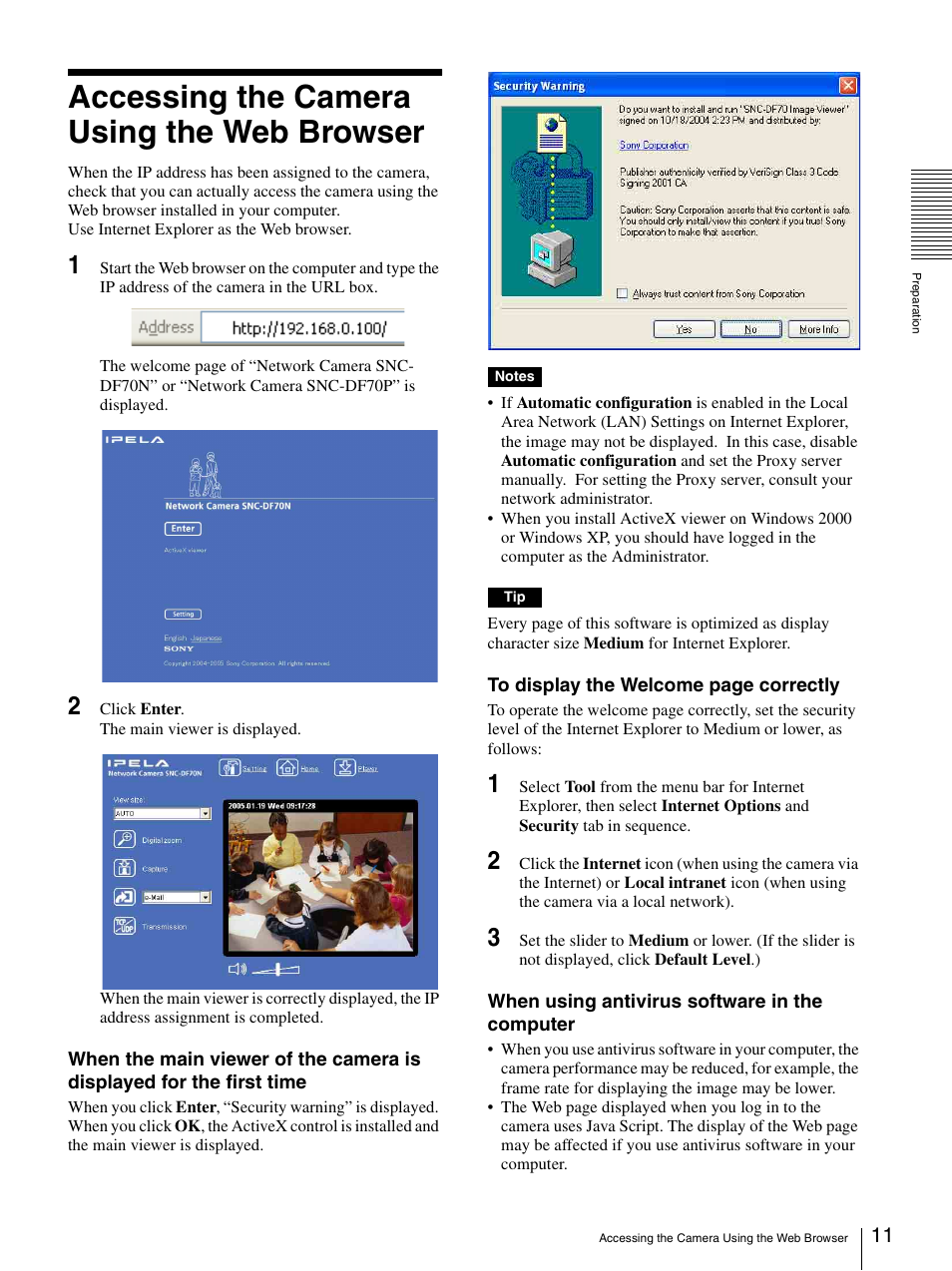 Accessing the camera using the web browser, Accessing the camera using the web browser 11 | Sony DF70P User Manual | Page 11 / 67