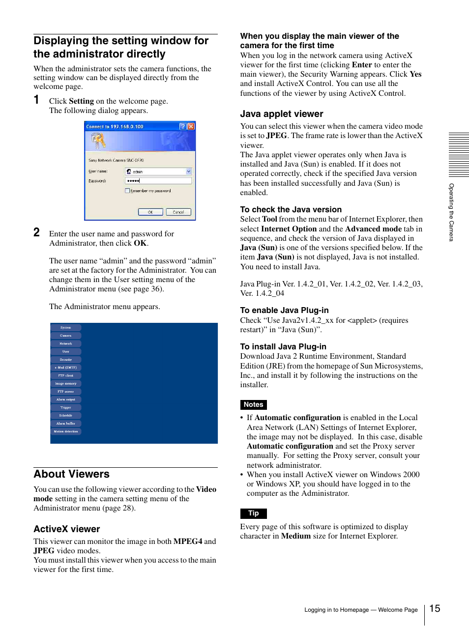About viewers, Displaying the setting window for the, Administrator directly | Sony DF70P User Manual | Page 15 / 67