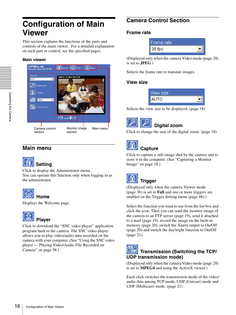 Configuration of main viewer, Main menu, Camera control section | Main menu camera control section | Sony DF70P User Manual | Page 16 / 67
