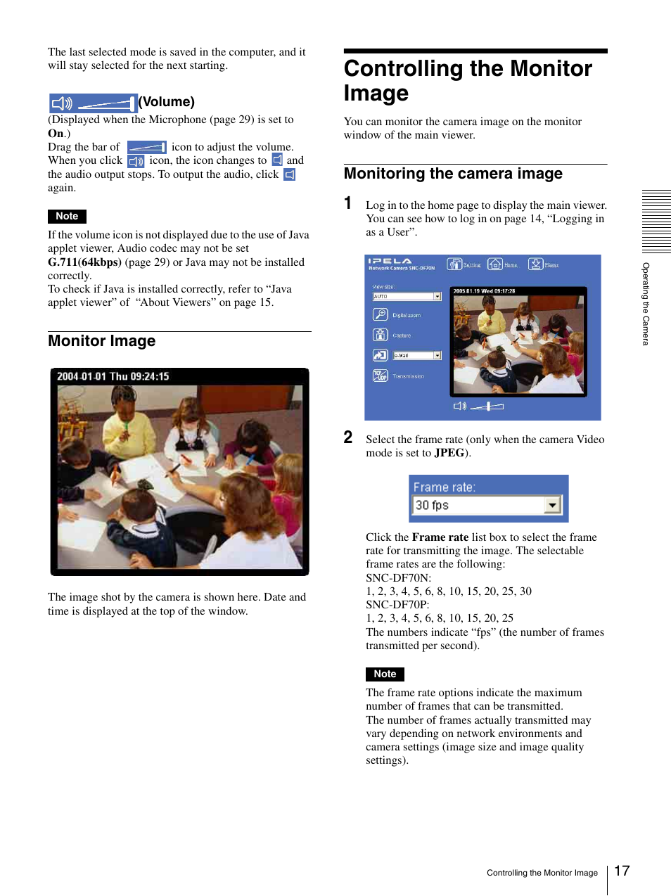 Monitor image, Controlling the monitor image, Monitoring the camera image | Sony DF70P User Manual | Page 17 / 67