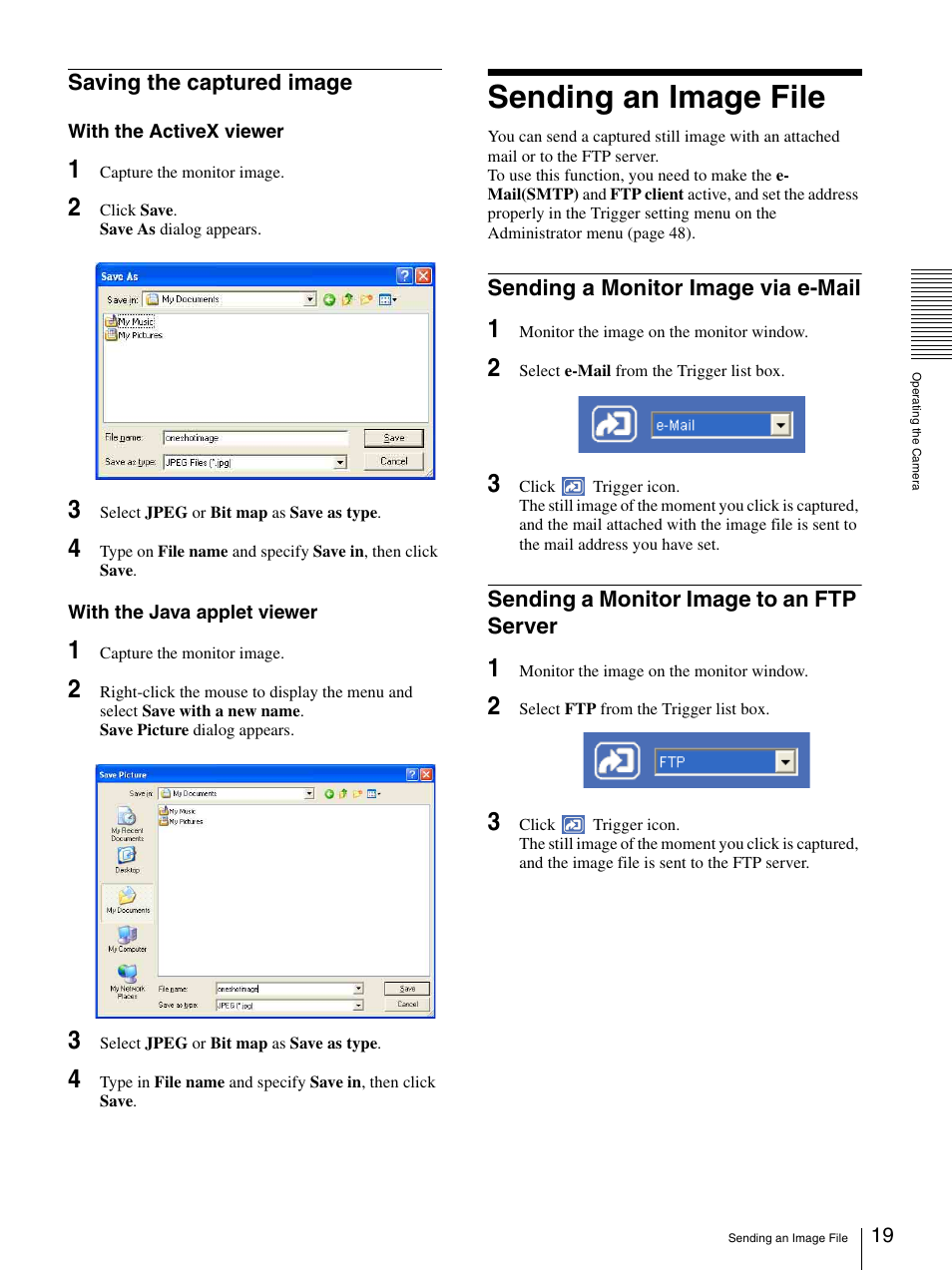 Saving the captured image, Sending an image file, Sending a monitor image via e-mail | Sending a monitor image to an ftp server | Sony DF70P User Manual | Page 19 / 67