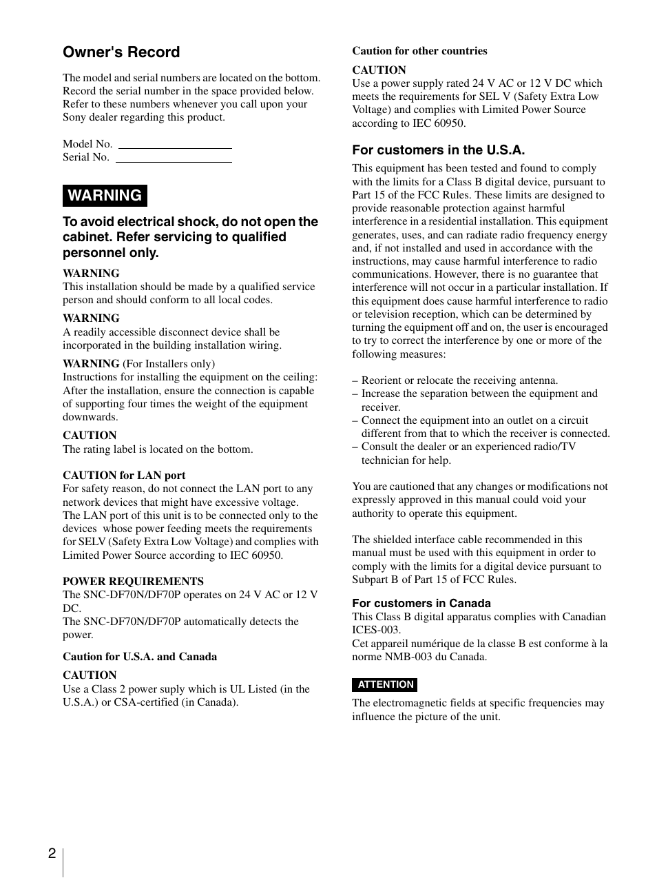 Owner's record, Warning | Sony DF70P User Manual | Page 2 / 67