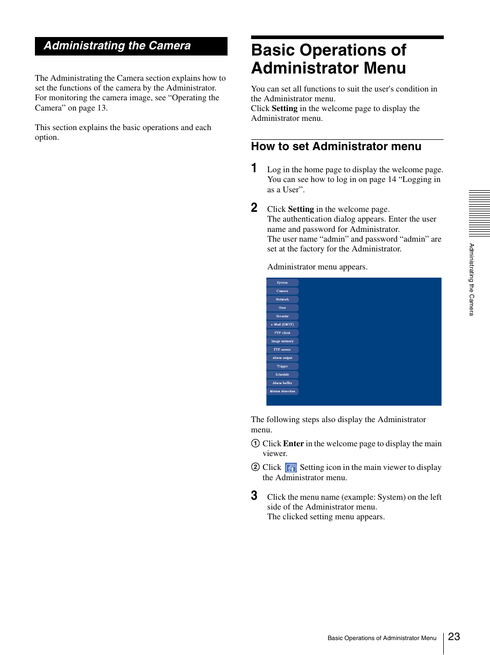 Administrating the camera, Basic operations of administrator menu, How to set administrator menu | Sony DF70P User Manual | Page 23 / 67