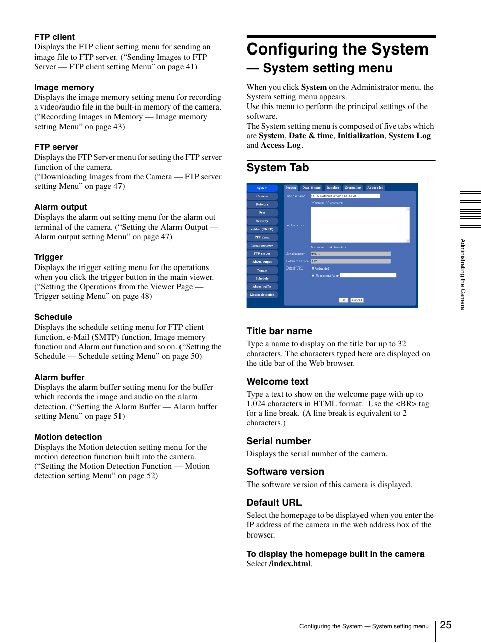 Configuring the system - system setting menu, System tab, Configuring the system — system setting menu | Configuring the system, System setting menu | Sony DF70P User Manual | Page 25 / 67