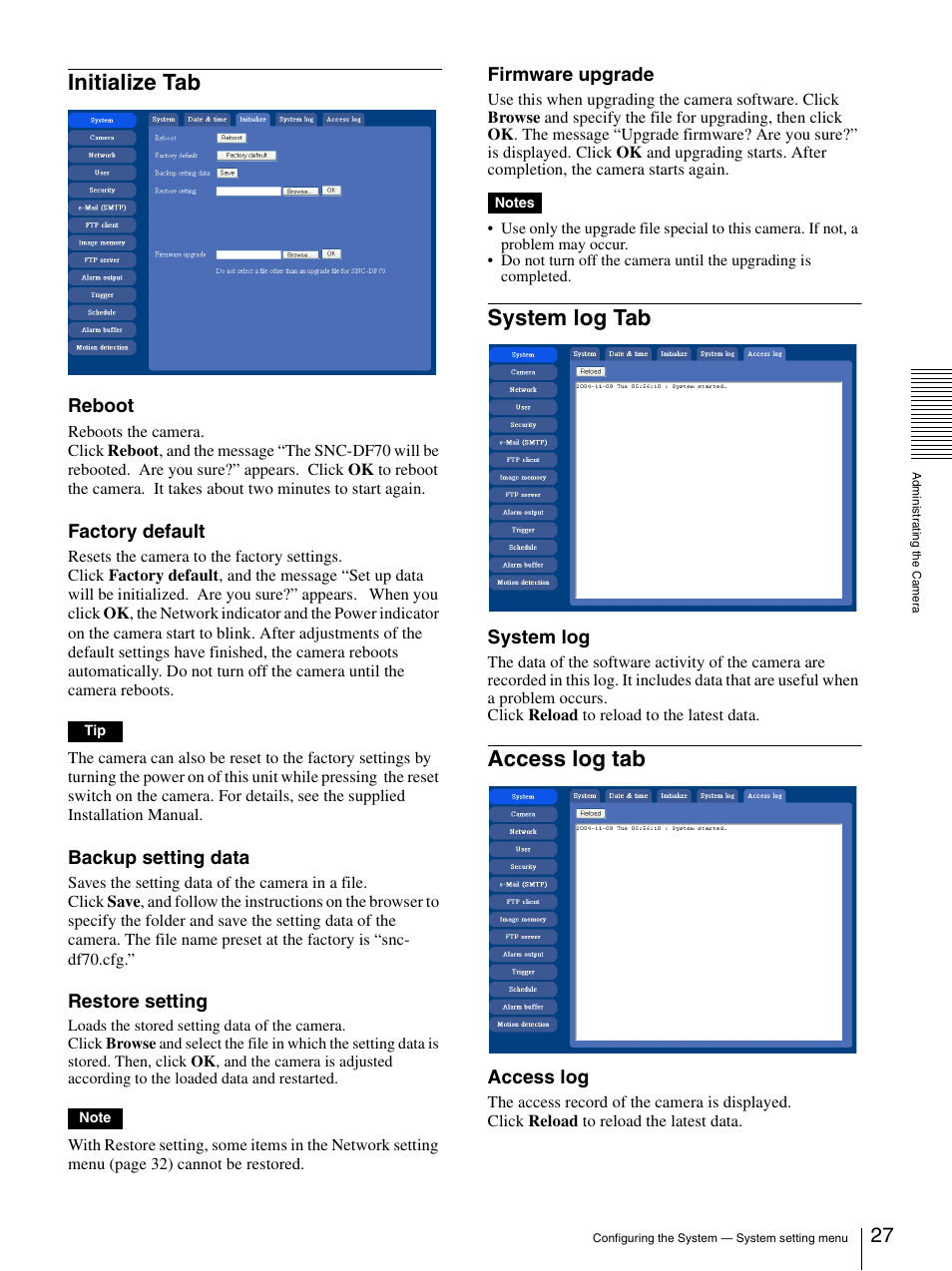 Initialize tab, System log tab, Access log tab | Initialize tab system log tab access log tab, Reboot, Factory default, Backup setting data, Restore setting, Firmware upgrade, System log | Sony DF70P User Manual | Page 27 / 67