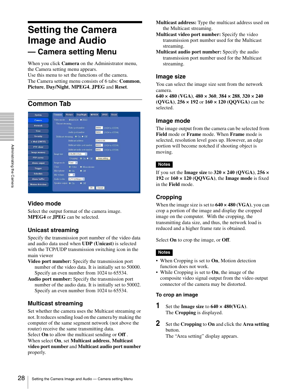 Common tab, Setting the camera image and audio, Camera setting menu | Sony DF70P User Manual | Page 28 / 67