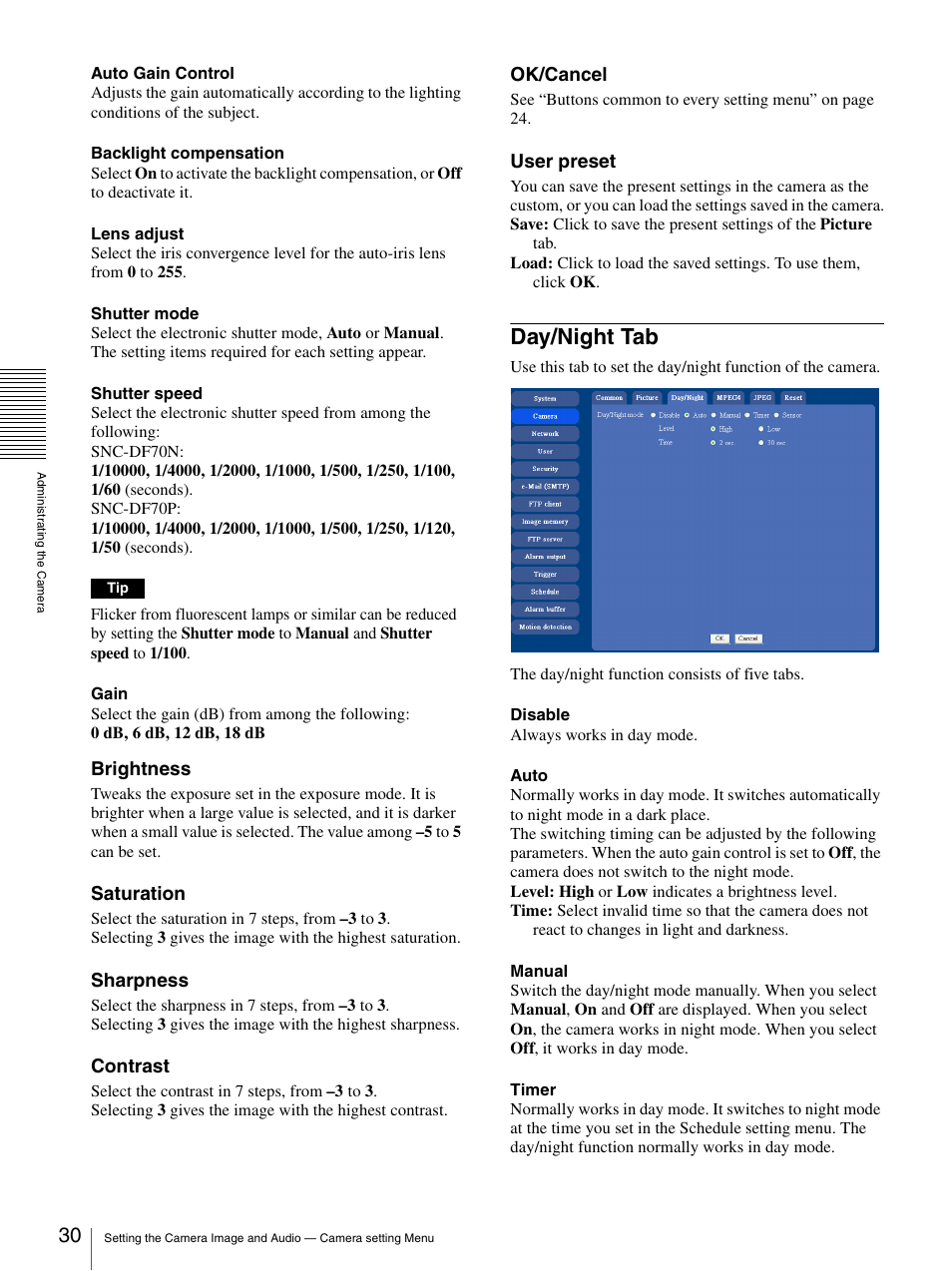 Day/night tab, Brightness, Saturation | Sharpness, Contrast, Ok/cancel, User preset | Sony DF70P User Manual | Page 30 / 67