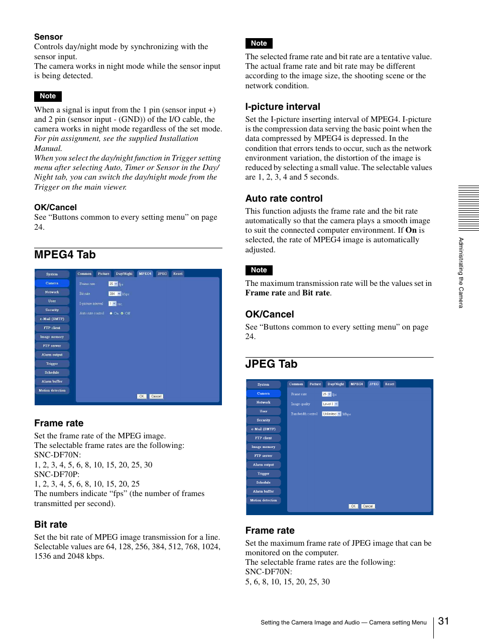 Mpeg4 tab, Jpeg tab, Mpeg4 tab jpeg tab | Frame rate, Bit rate, I-picture interval, Auto rate control, Ok/cancel | Sony DF70P User Manual | Page 31 / 67