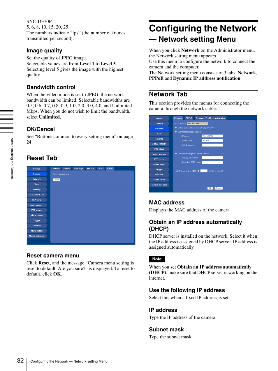 Reset tab, Configuring the network - network setting menu, Network tab | Configuring the network — network setting menu, Configuring the network, Network setting menu | Sony DF70P User Manual | Page 32 / 67