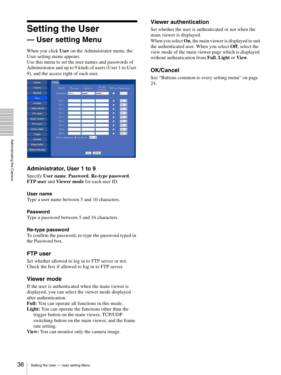 Setting the user - user setting menu, Setting the user — user setting menu, Setting the user | User setting menu | Sony DF70P User Manual | Page 36 / 67
