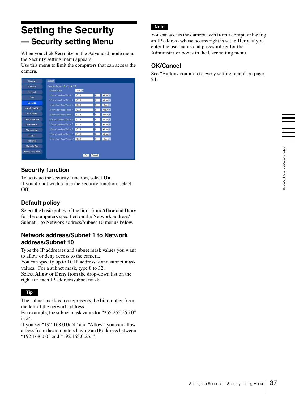 Setting the security - security setting menu, Setting the security — security setting menu, Setting the security | Security setting menu, Security function, Default policy, Ok/cancel | Sony DF70P User Manual | Page 37 / 67